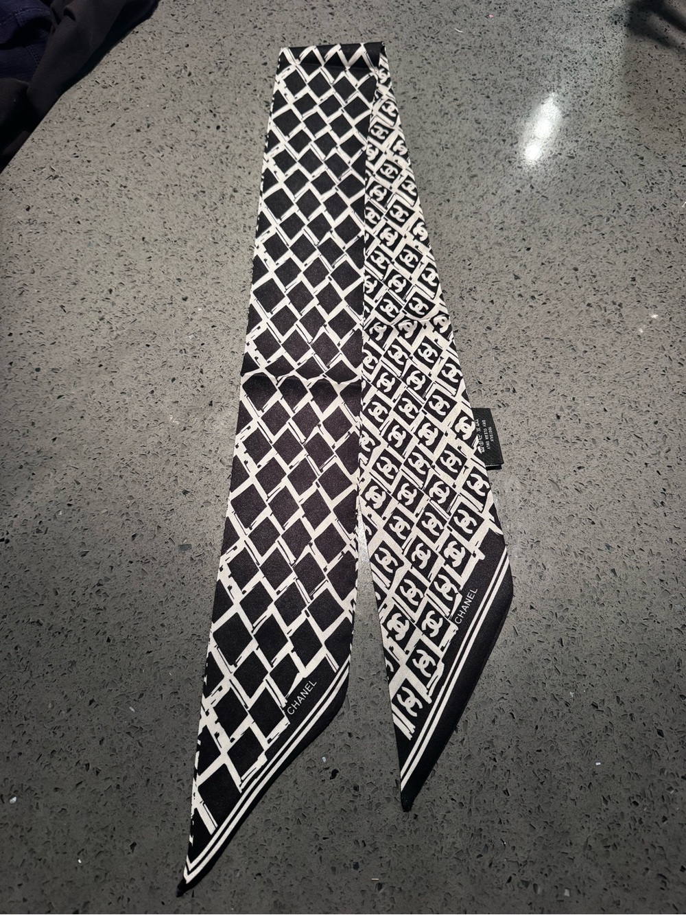 CHANEL Black and White Logo-Print Silk Twilly